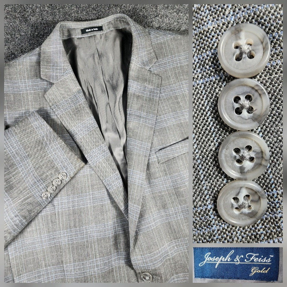 Joseph & Feiss Sport Coat Mens 46L Grey Windowpane Wool Silk Linen Blazer